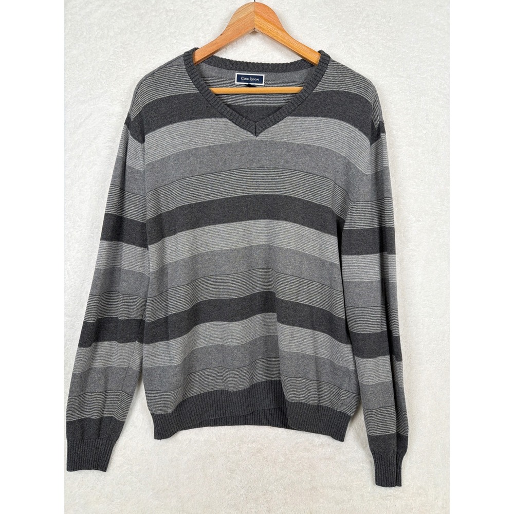 Club Room Sweater Mens Large Grey Striped V-Neck 100% Cotton Knit Pullover